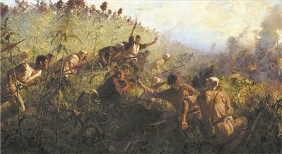青纱帐里游击队员逞英豪(油画)韦启美 作