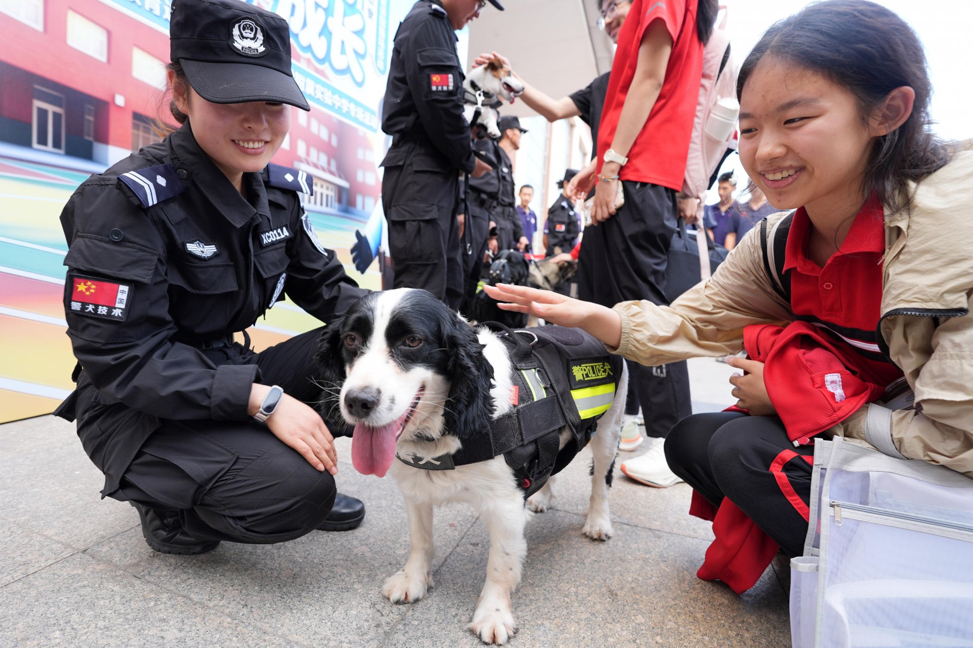 同学与警犬近距离接触